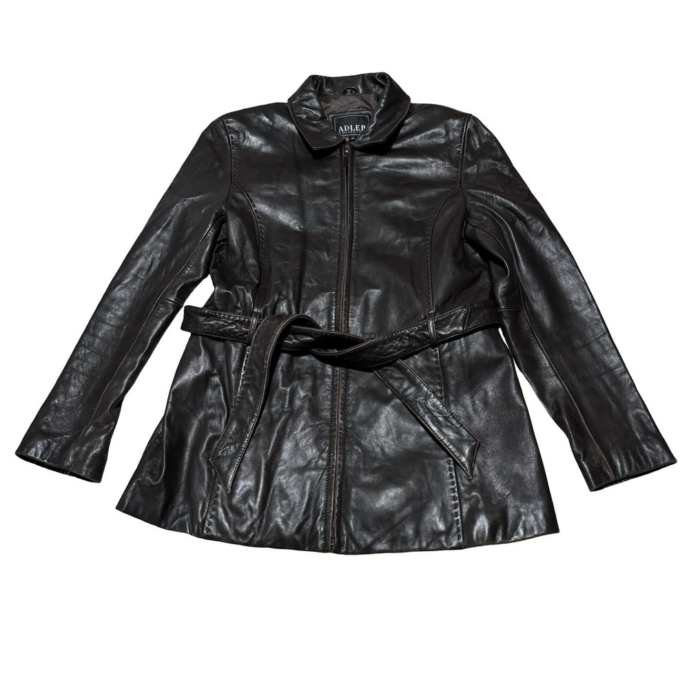 Adler Collection 100% Lambskin Leather Jacket Coat Brown W/ Belt Sz M 18‎ x 29